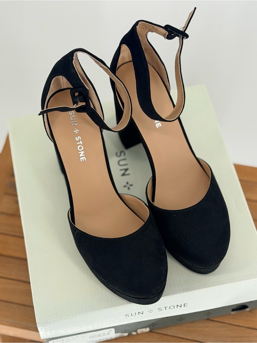 NEW Sun + Stone Black Ankle-Strap Block Heel Pumps Size 9.5 M